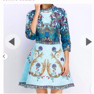 Comino Couture London Peacock Skater Dress Blue Baroque Print Party Event XS / S